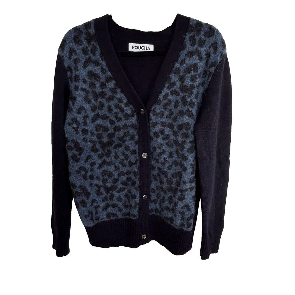 Roucha Tabaud Cardigan Navy Black Leopard Print Sweater Alpaca Blend Sz C Large